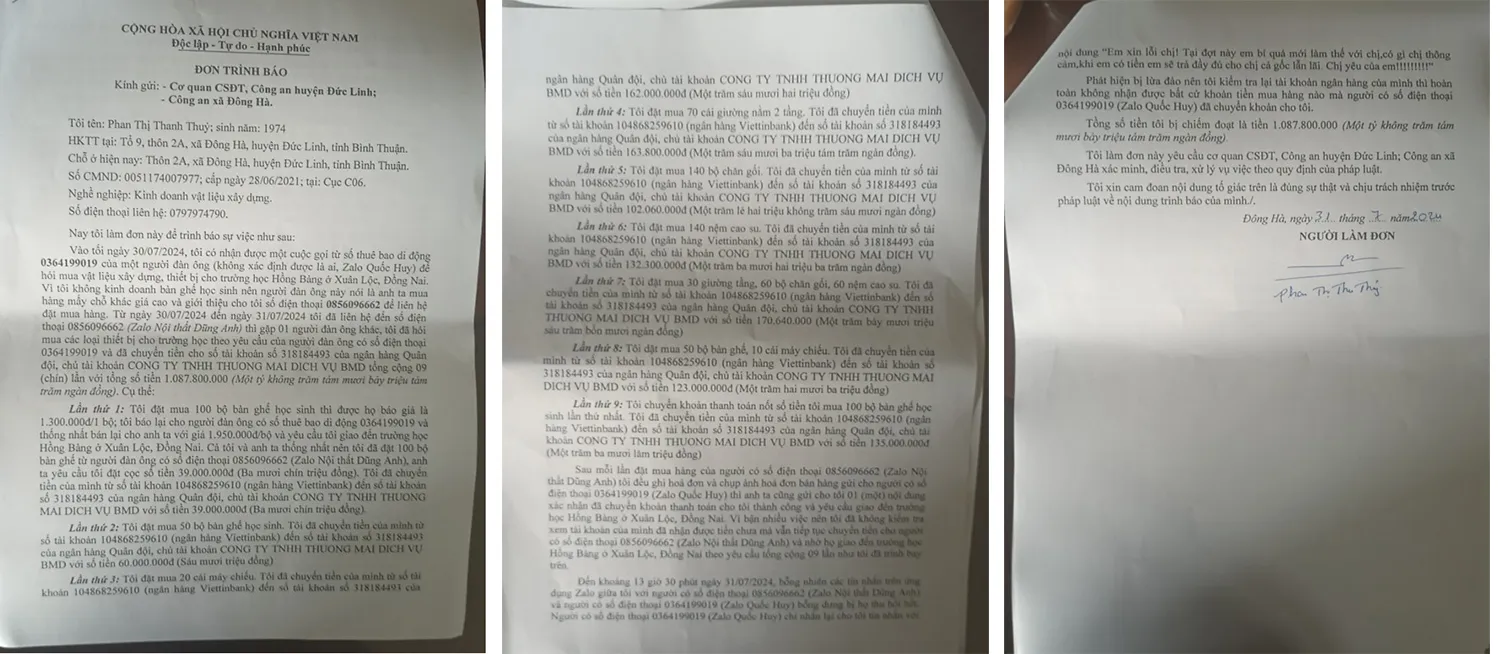 Bản tường trình chị Thủy gửi tới Cơ quan Công An tỉnh Bình Thuận